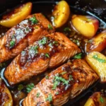 Bourbon Peach Roasted Salmon garnished with fresh peaches and herbs.