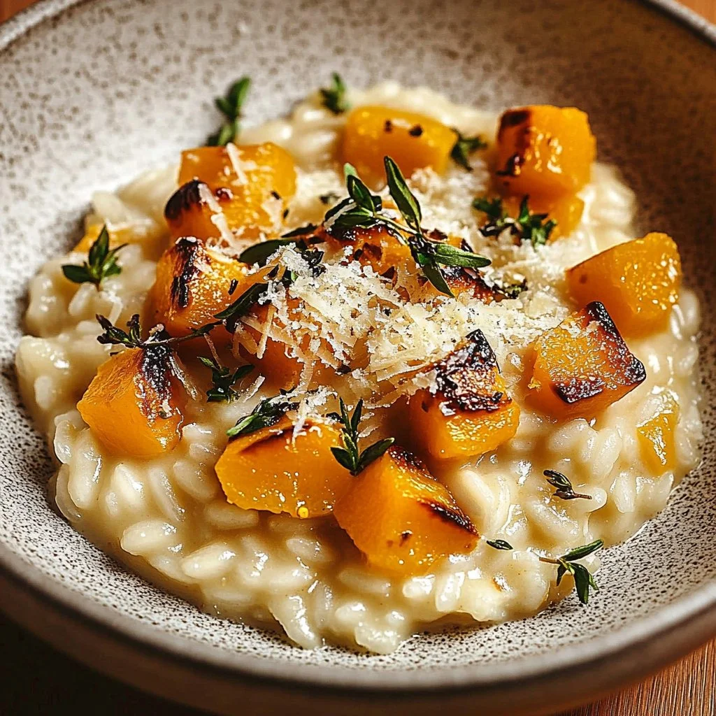 Delicious butternut squash risotto garnished with herbs and cheese