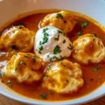 Bowl of Cheese Dumpling Tomato Soup, a quick and comforting meal