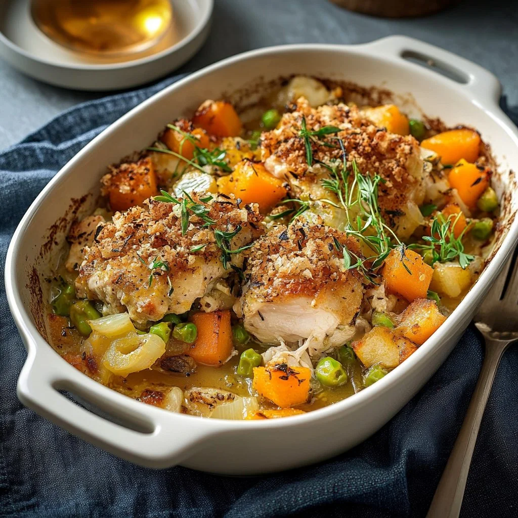 Delicious Chicken Leek and Butternut Squash Bake in a one-pan dinner
