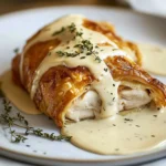 Delicious Chicken Wellington with Dijon cream sauce served on a plate.