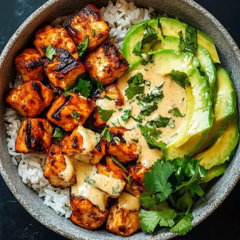 Coconut Chicken Rice Bowl garnished with fresh herbs and served in a colorful bowl