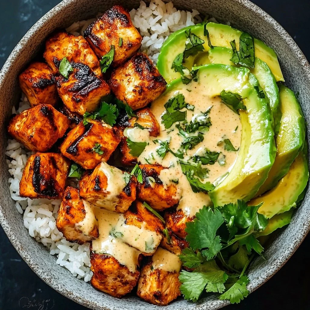 Coconut Chicken Rice Bowl garnished with fresh herbs and served in a colorful bowl