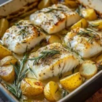 Cod & Potatoes in Rosemary Cream Sauce served on a plate