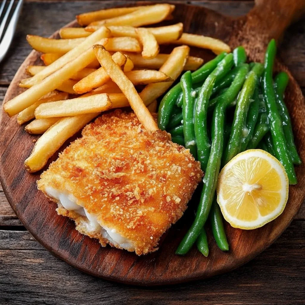 Photo of Country Oven Fried Fish served with a side of lemon and tartar sauce