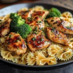 Cowboy Butter Lemon Bowtie Chicken with Broccoli served on a plate