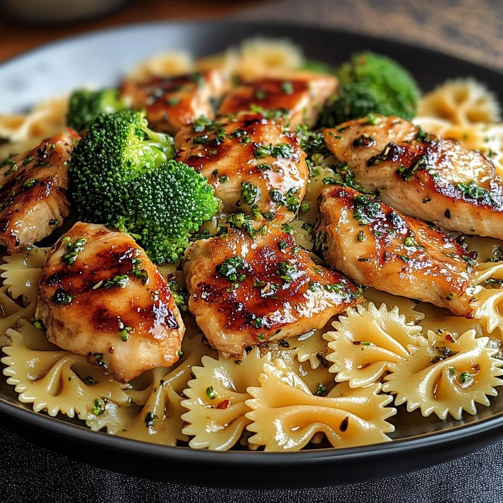 Cowboy Butter Lemon Bowtie Chicken with Broccoli served on a plate