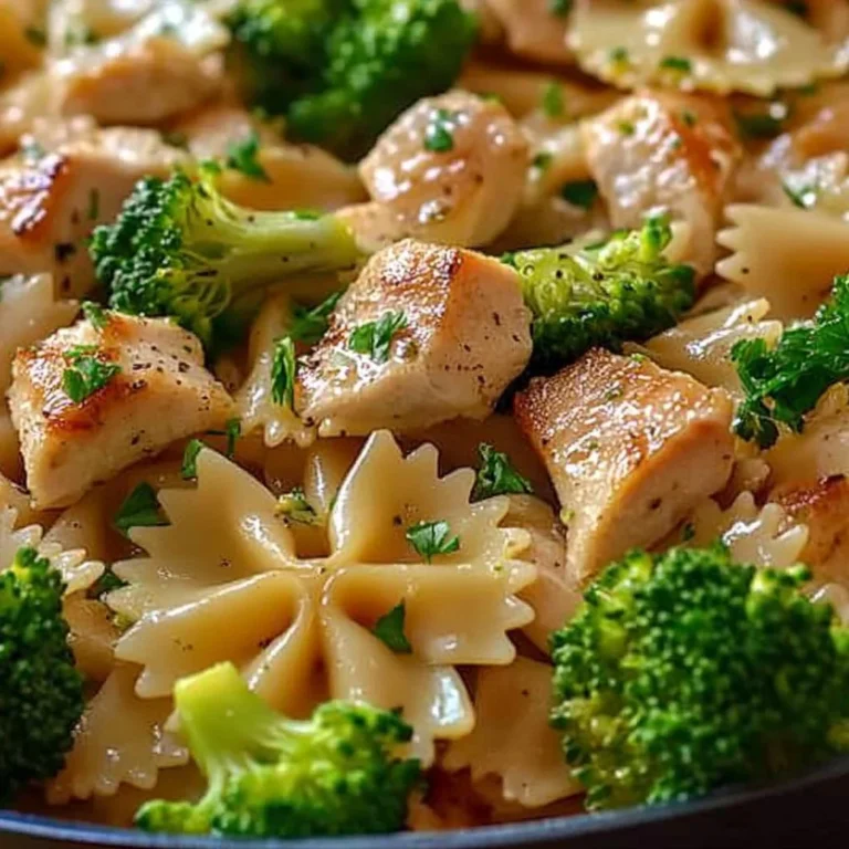 Delicious Cowboy Butter Lemon Bowtie Chicken served with fresh broccoli.