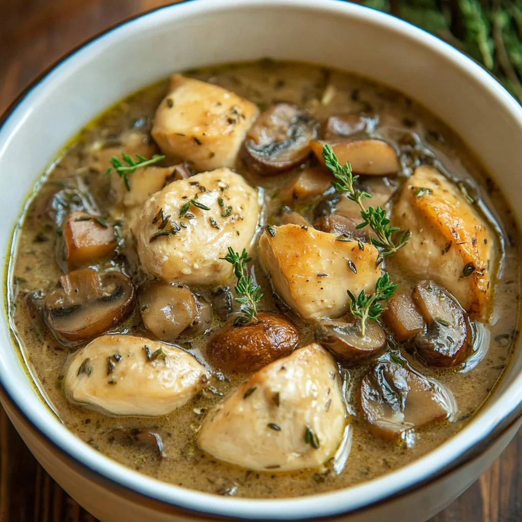 Creamy mushroom chicken soup with wild rice in a bowl, garnished with herbs.