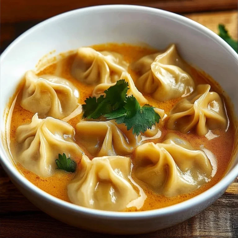 Creamy Thai Dumpling Soup served in a bowl, garnished with herbs.