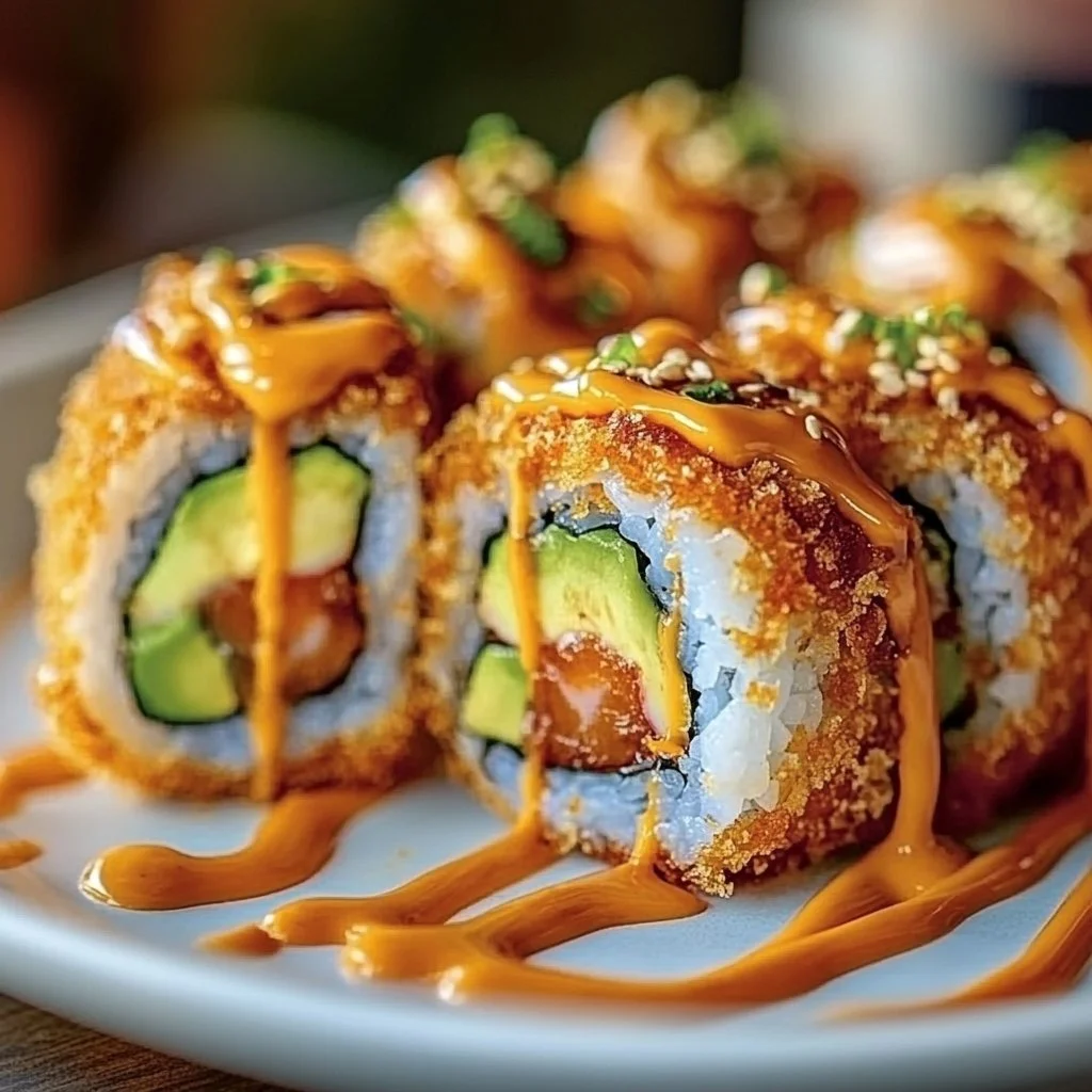 Crispy fried salmon and fresh avocado rolls served on a plate