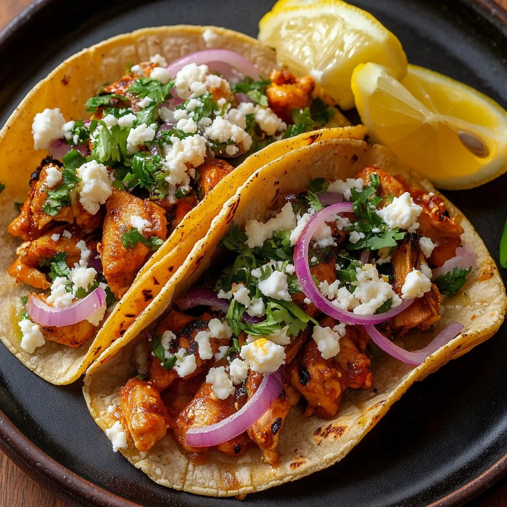 Crispy honey chipotle chicken tacos served with fresh toppings