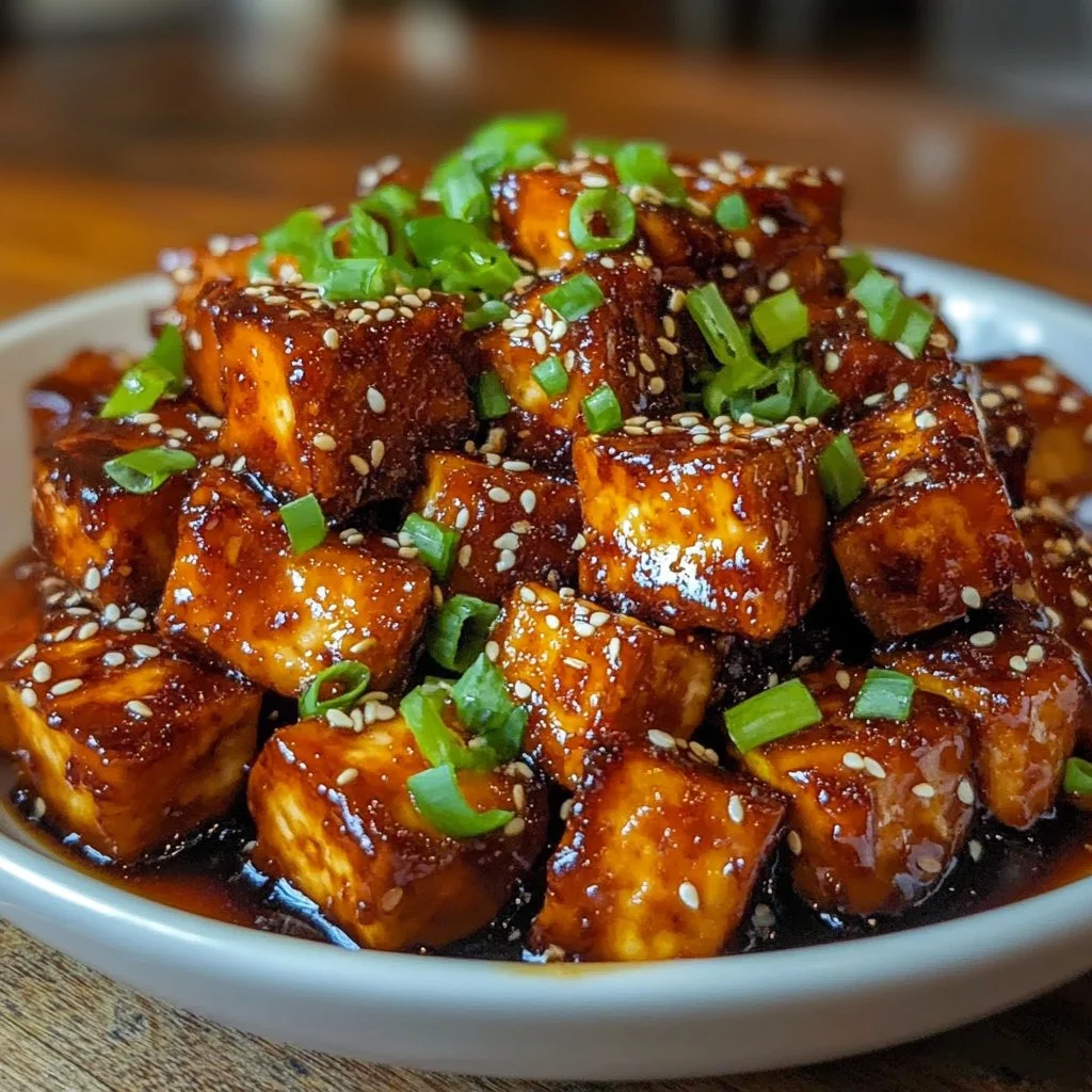Delicious crispy honey garlic tofu garnished with green onions