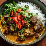 Curried beef and mushrooms served with creamy peanut sauce and mango salsa