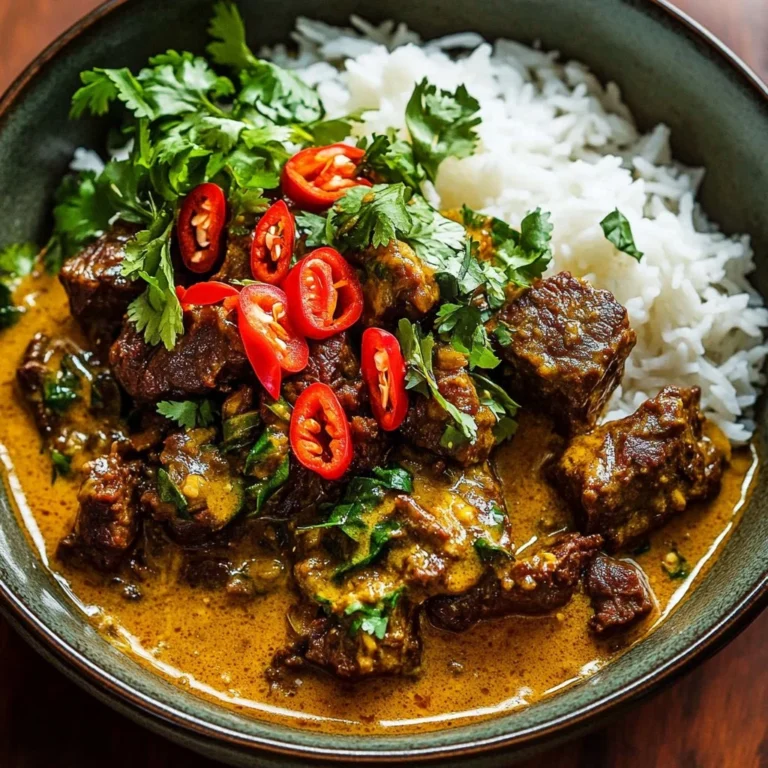 Curried beef and mushrooms served with creamy peanut sauce and mango salsa