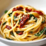 Delicious spinach pasta with sun-dried tomatoes served in a bowl