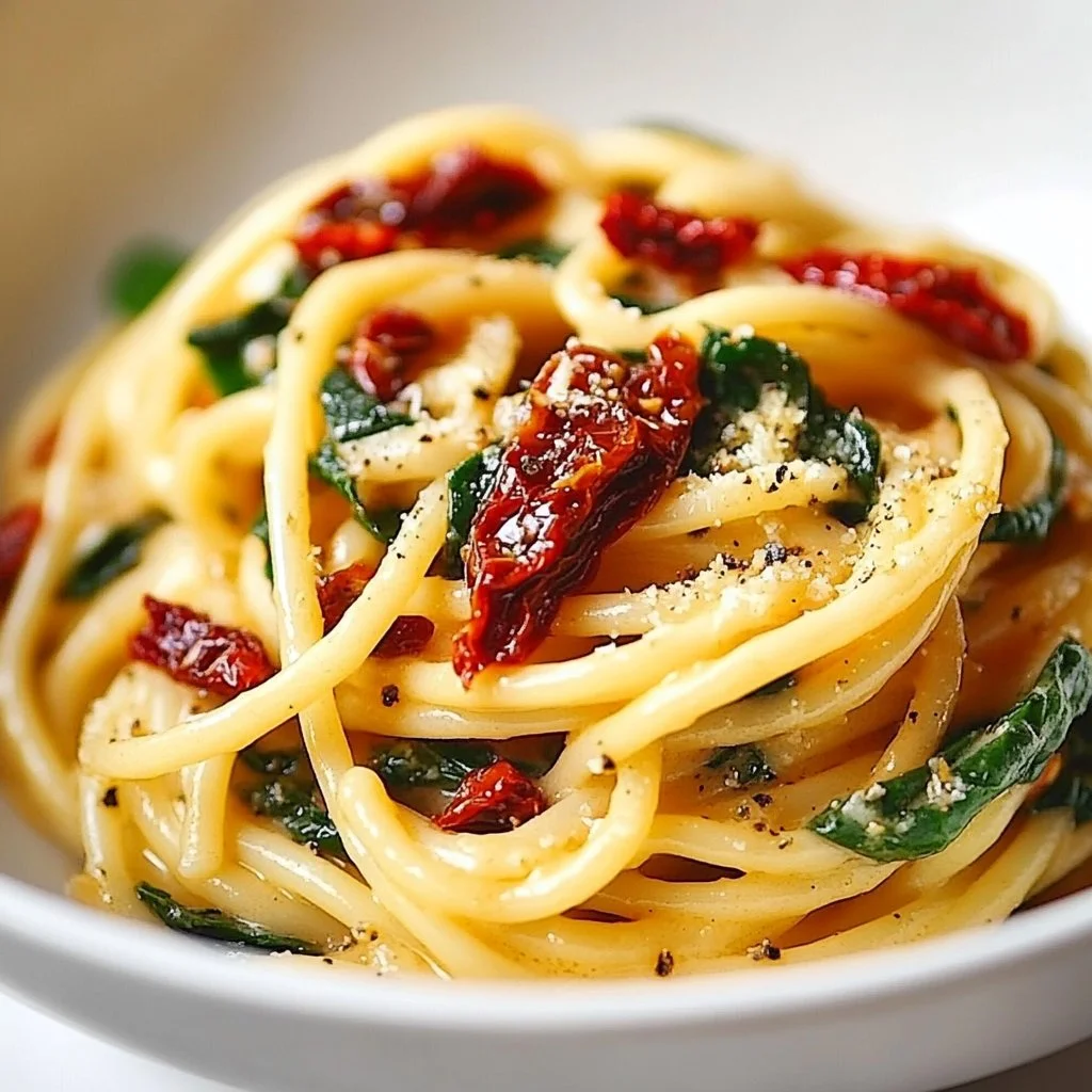 Delicious spinach pasta with sun-dried tomatoes served in a bowl