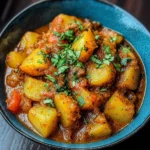 Bowl of Dopiazeh Aloo, a traditional Persian potato curry garnished with herbs.