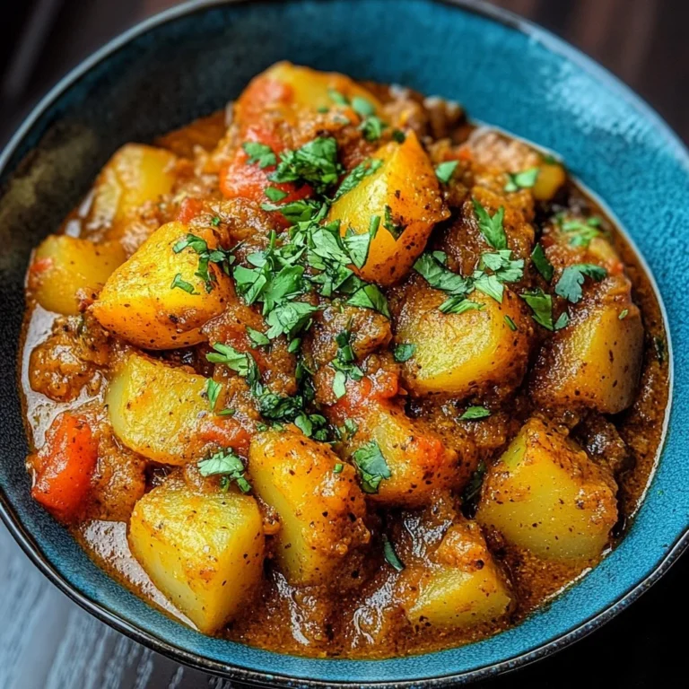 Bowl of Dopiazeh Aloo, a traditional Persian potato curry garnished with herbs.