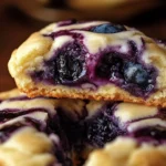 Easy blueberry cheesecake swirl cookie on a plate with a fresh blueberry garnish