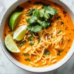 Bowl of easy Thai noodle soup with fresh herbs and vegetables