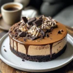 Slice of espresso coffee cheesecake topped with chocolate shavings on a plate