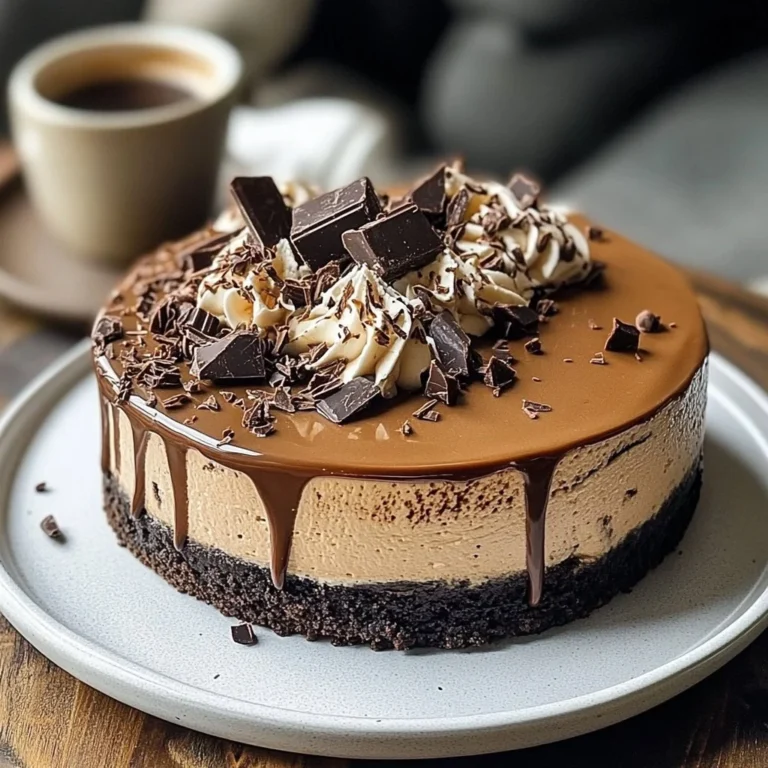 Slice of espresso coffee cheesecake topped with chocolate shavings on a plate