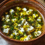 A vibrant bowl of flavorful dip garnished with fresh herbs and served with crunchy vegetables