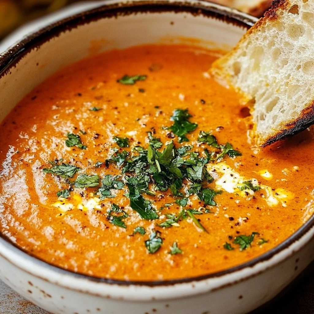 A bowl of delicious garlic soup garnished with fresh herbs and served warm.