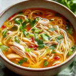 Bowl of Ginger Garlic Chicken Noodle Soup garnished with herbs