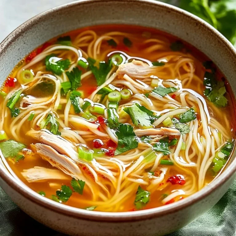 Bowl of Ginger Garlic Chicken Noodle Soup garnished with herbs