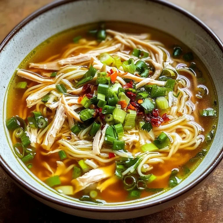 Bowl of Ginger Garlic Chicken Noodle Soup deliciuosly served with fresh herbs.