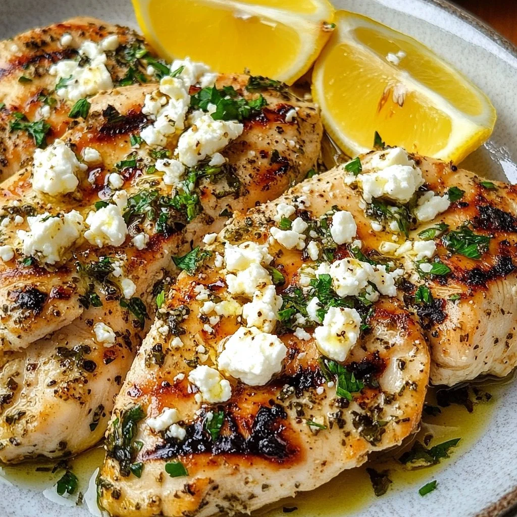 Delicious Greek Chicken with lemon and feta garnished with herbs