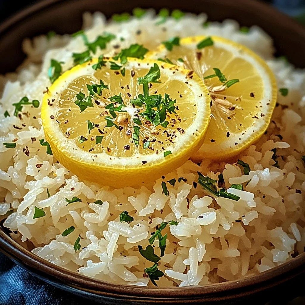 Bowl of Greek lemon rice, a vibrant Mediterranean side dish garnished with herbs