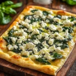 Greek Roasted Garlic Spinach White Pizza topped with fresh spinach and garlic