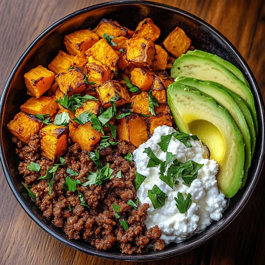 Delicious Ground Beef Hot Honey Bowl garnished with fresh herbs and honey drizzle