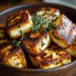 Grilled halloumi drizzled with honey and garnished with thyme leaves.