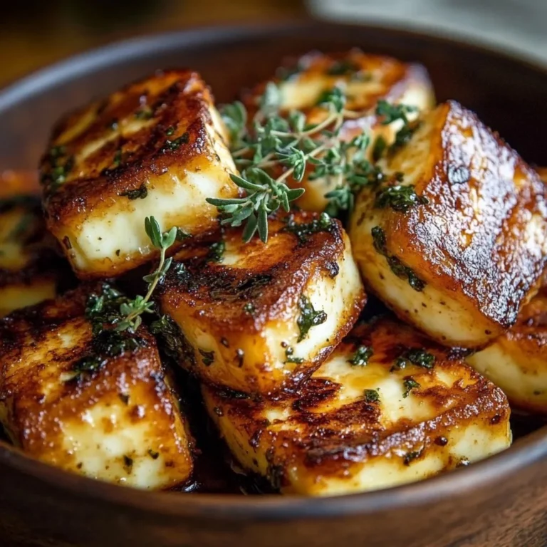 Grilled halloumi drizzled with honey and garnished with thyme leaves.