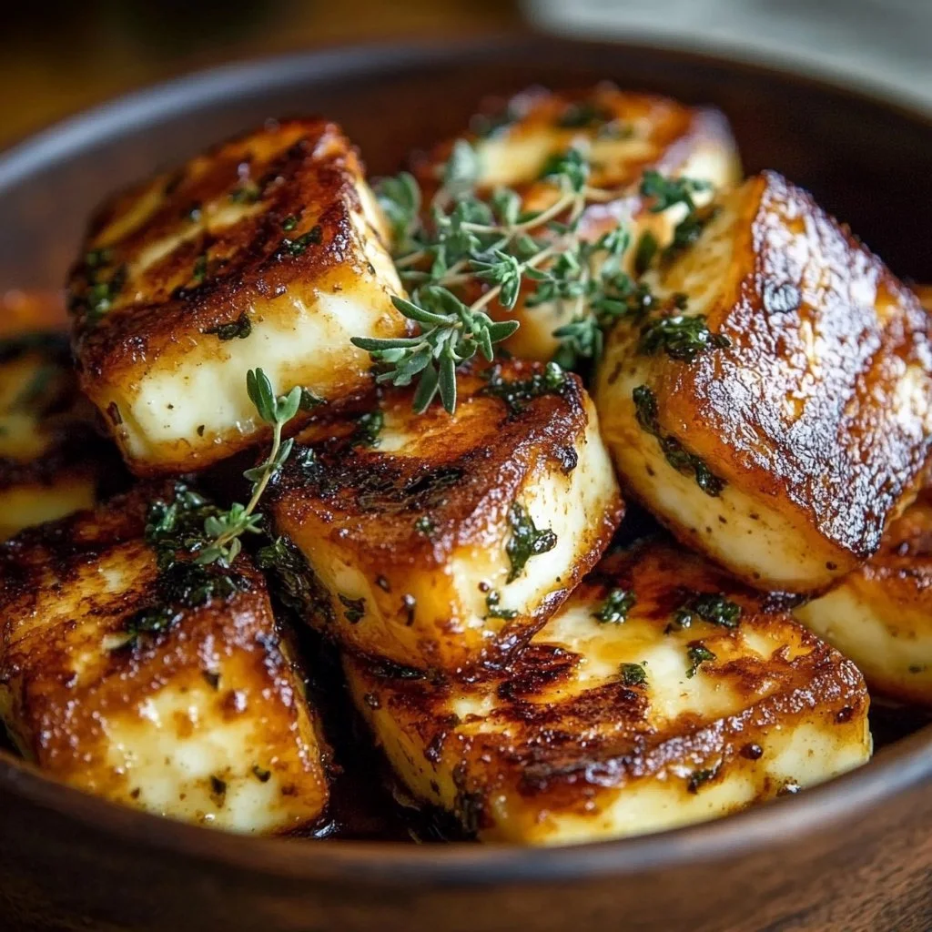 Grilled halloumi drizzled with honey and garnished with thyme leaves.