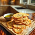 Healthy homemade almond chia seed crackers on a wooden board