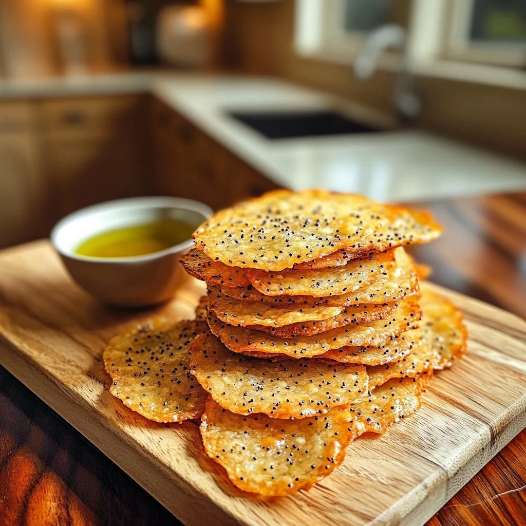 Healthy homemade almond chia seed crackers on a wooden board