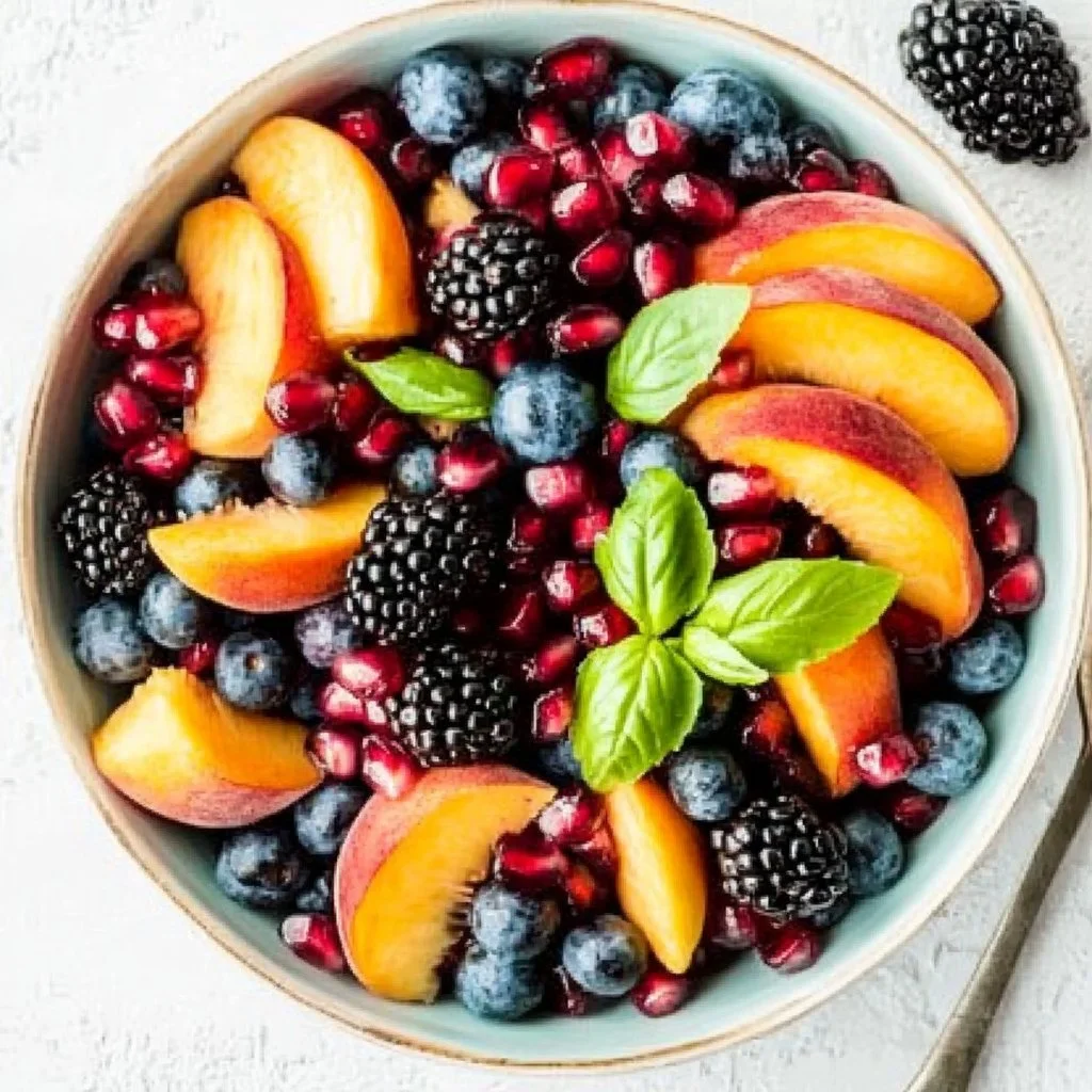 Honey Lime Basil Peach Fruit Salad with colorful peaches and basil garnish