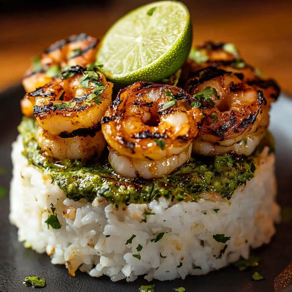 Delicious Honey Lime Shrimp served on a bed of Avocado Rice Stack