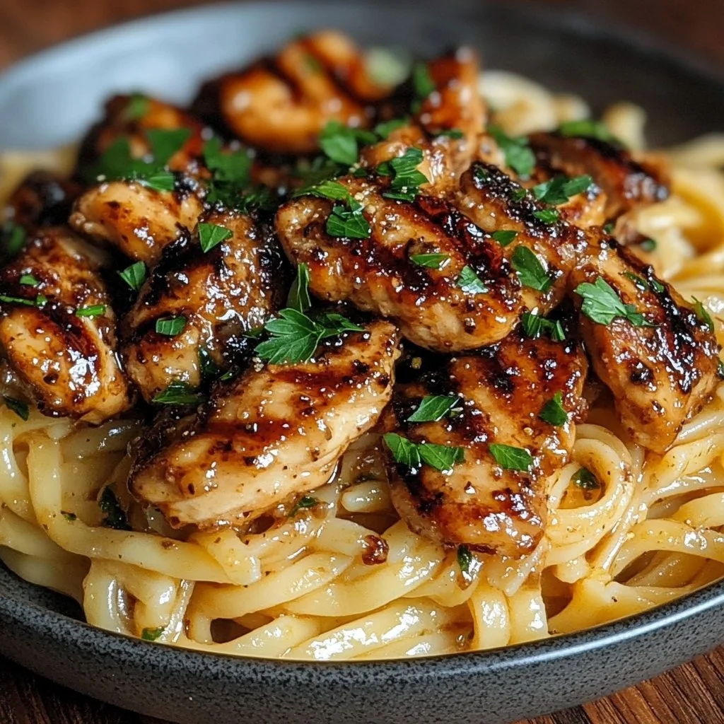 Delicious Honey Pepper Chicken Pasta dish garnished with fresh herbs.