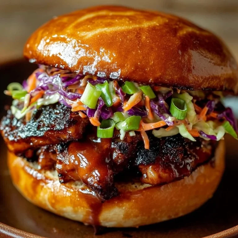Korean BBQ Chicken Sandwich topped with fresh cabbage slaw on a wooden platter