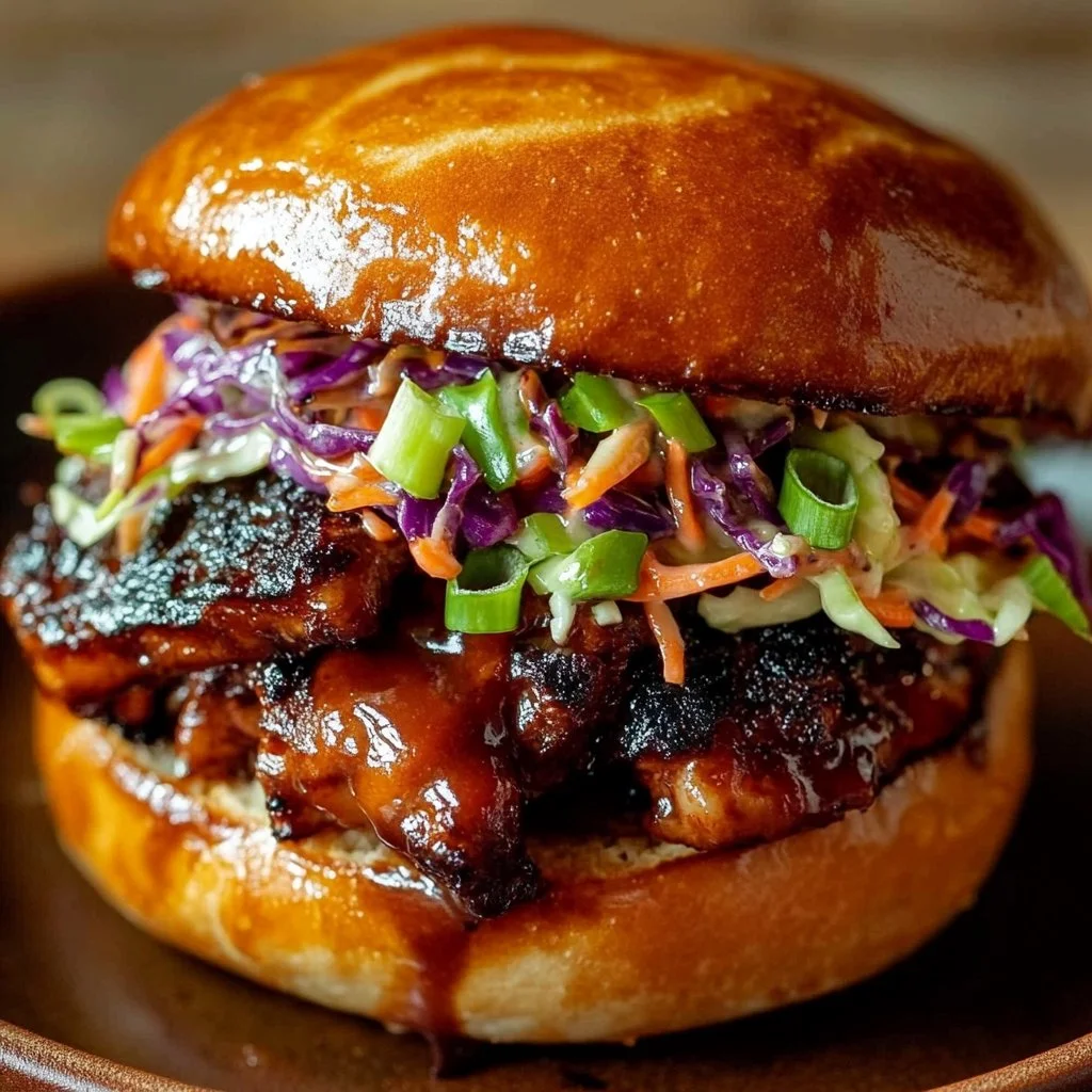 Korean BBQ Chicken Sandwich topped with fresh cabbage slaw on a wooden platter