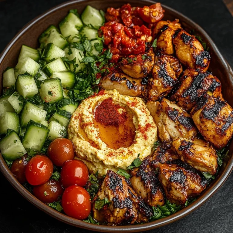 Lemon chili grilled chicken bowls with cucumber salad and hummus on a plate.