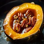 Maple Pecan Roasted Acorn Squash served on a wooden table