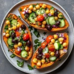Mediterranean stuffed sweet potatoes topped with herbs and feta cheese, served on a plate.