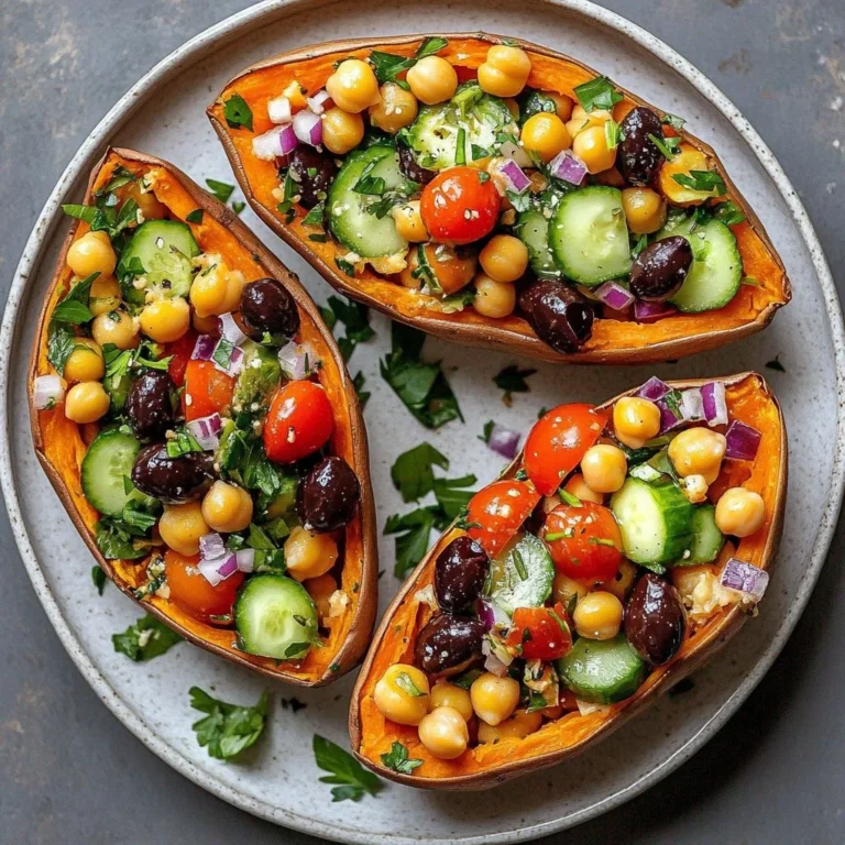 Mediterranean stuffed sweet potatoes topped with herbs and feta cheese, served on a plate.